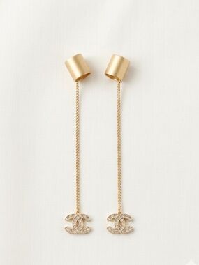 Authentic Archival CHANEL 00A Crystal CC Chain Drop Ear Cuffs - Full Set